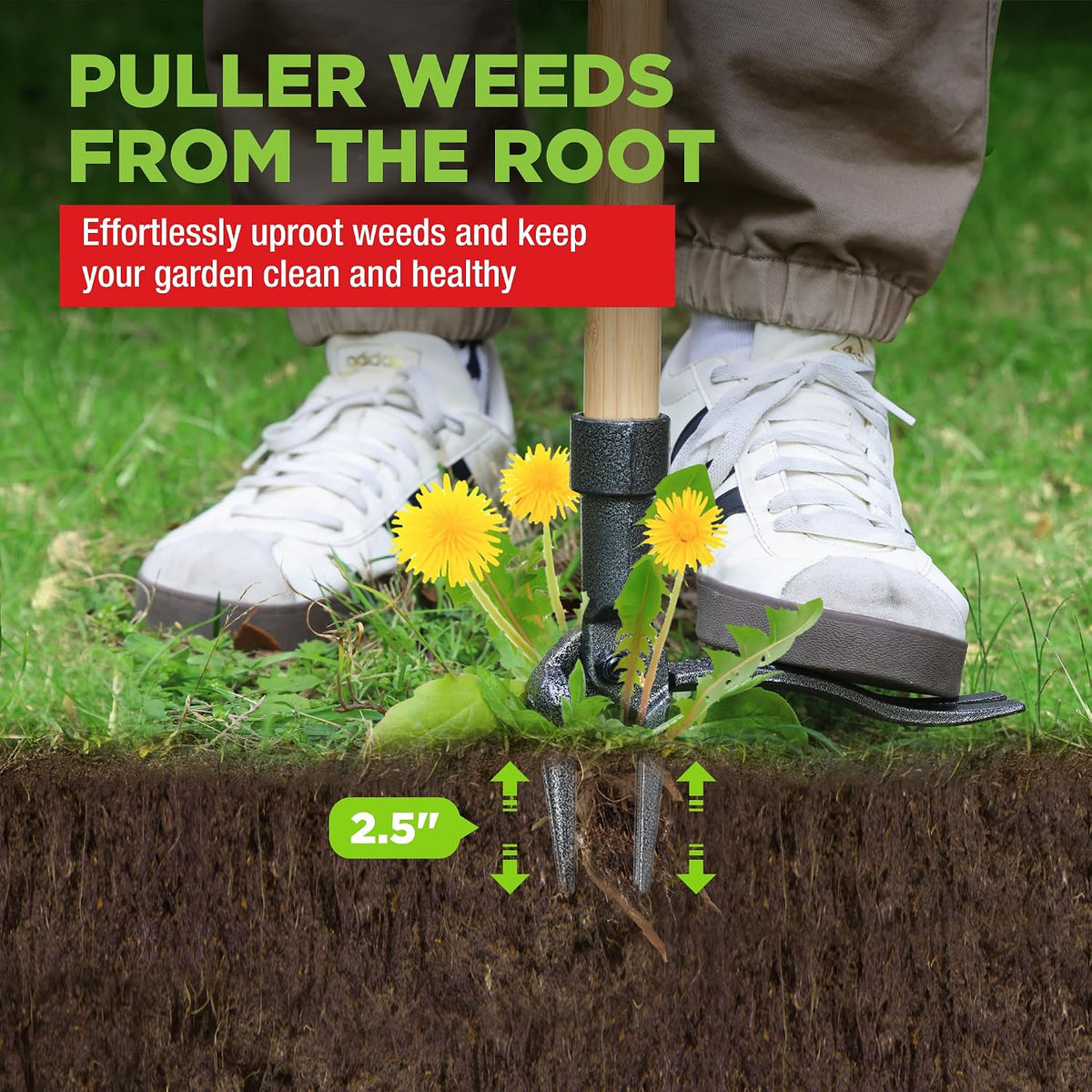 Weed Puller Tool with 44” Bamboo Handle, Heavy-Duty 4-Claw Cast Iron Head