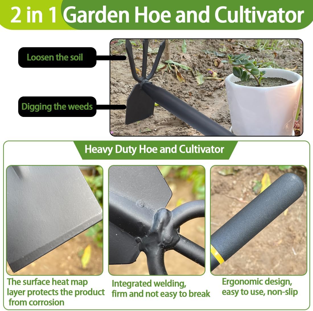 Garden Hoe and Cultivator, Long Heavy Duty Hand Hoe with Tiller, 2 Section Handle, Carbon Steel Blade, Cultivator Hoe Garden Tools for Loosening Soil, Digging