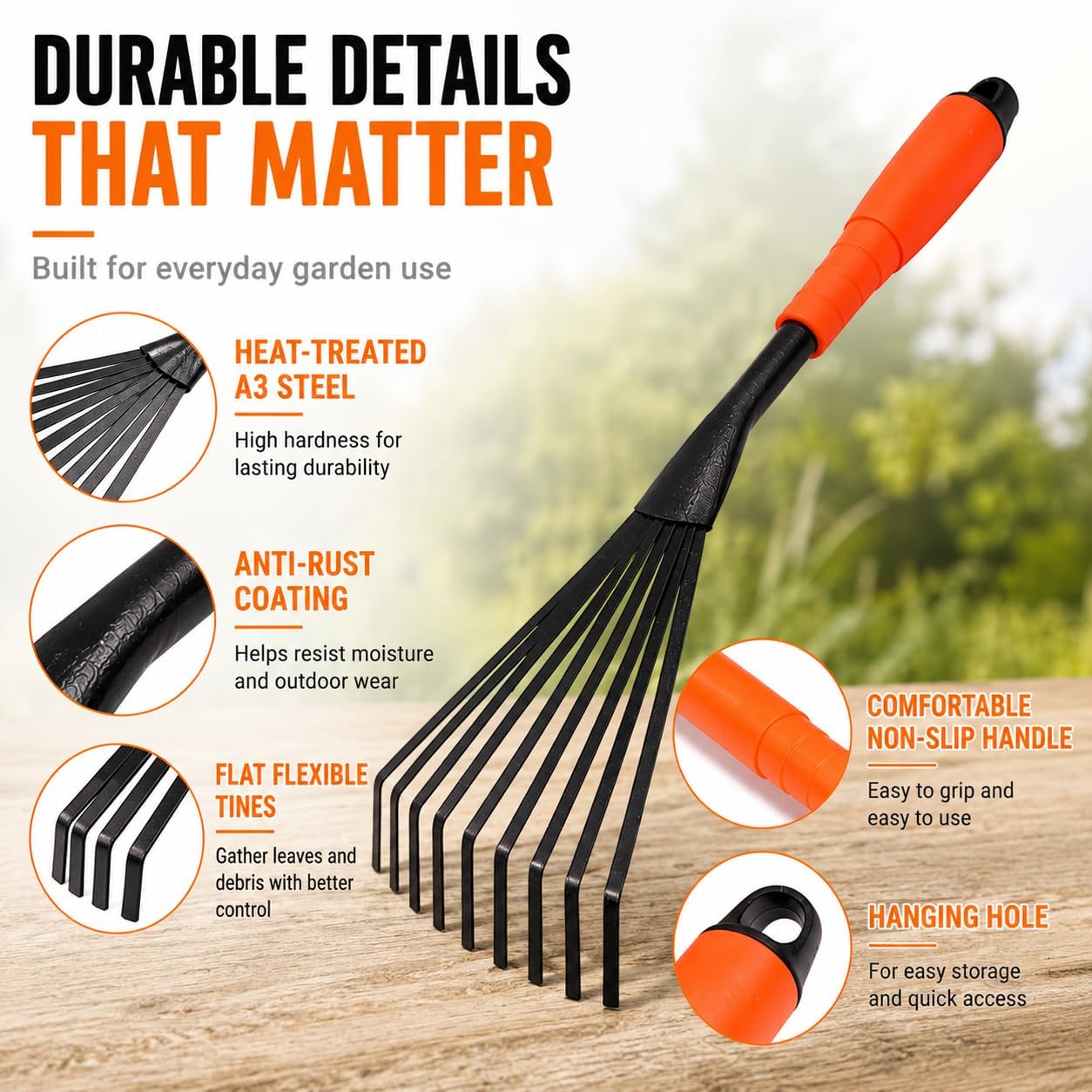 Finder Hand Rake, 15.6 Inch Gardening Hand Tool with Ergonomic Handle and Hanging Hole for Storage, Steel Garden Rake for Flower Beds, Leaves, Mulch, Soil Loosening, Tight Spaces