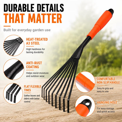 Finder Hand Rake, 15.6 Inch Gardening Hand Tool with Ergonomic Handle and Hanging Hole for Storage, Steel Garden Rake for Flower Beds, Leaves, Mulch, Soil Loosening, Tight Spaces