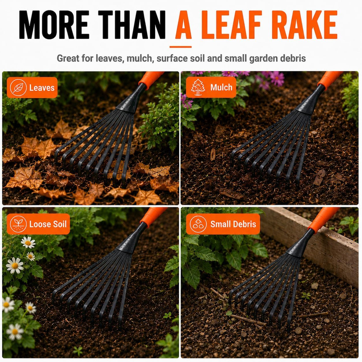 Finder Hand Rake, 15.6 Inch Gardening Hand Tool with Ergonomic Handle and Hanging Hole for Storage, Steel Garden Rake for Flower Beds, Leaves, Mulch, Soil Loosening, Tight Spaces