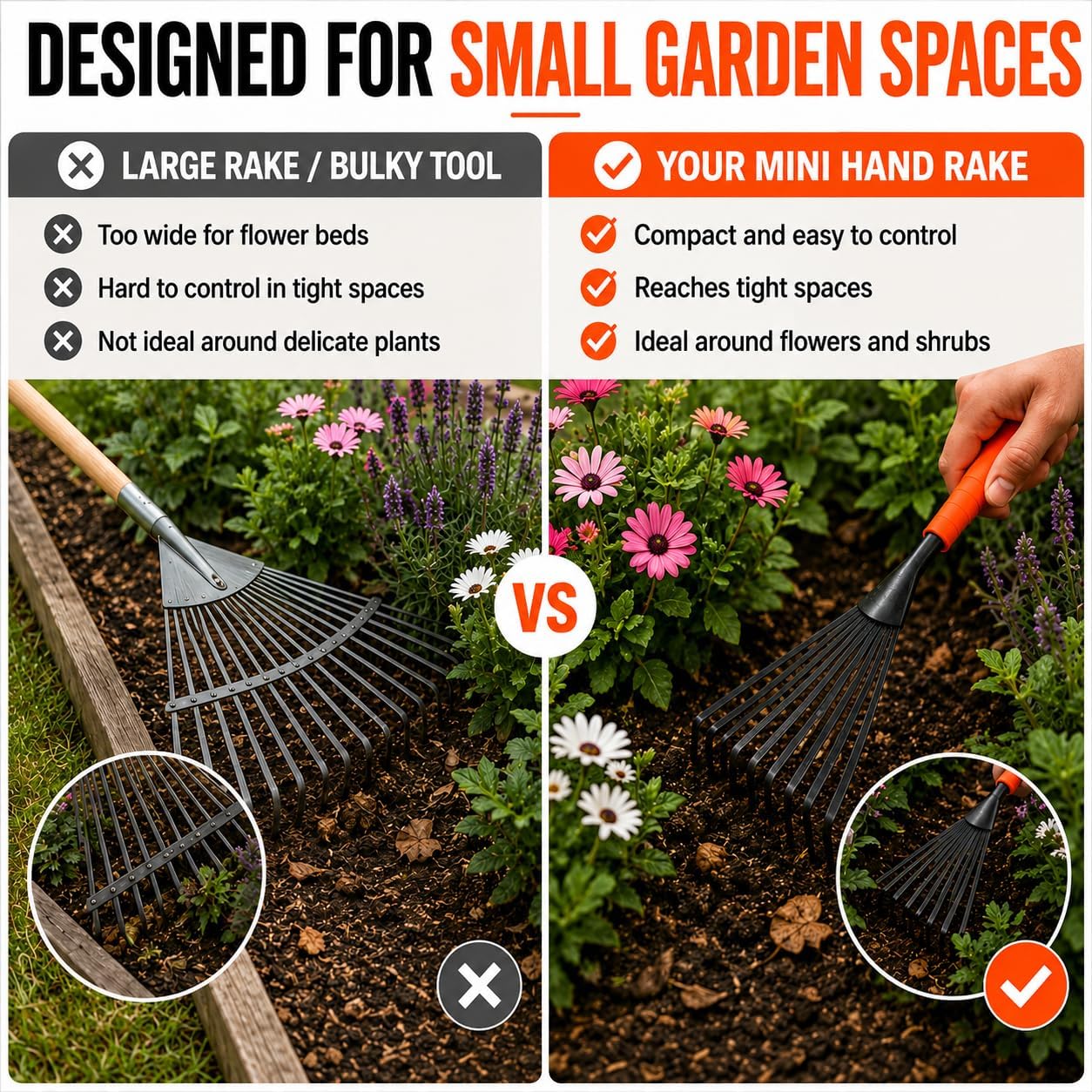 Finder Hand Rake, 15.6 Inch Gardening Hand Tool with Ergonomic Handle and Hanging Hole for Storage, Steel Garden Rake for Flower Beds, Leaves, Mulch, Soil Loosening, Tight Spaces