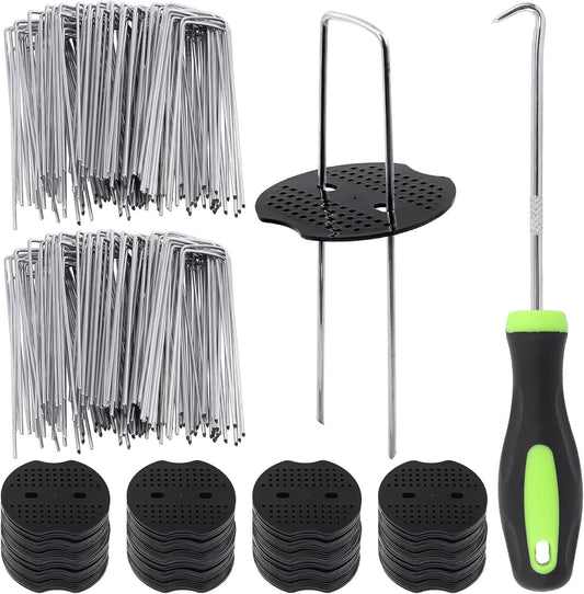 201Pcs Garden Stakes Staples Kit, 100Pcs 6 Inch U-Shaped Landscape Staples, 100Pcs Fixing Gasket with 1Pc Pick Hook for Weed Barrier Fabric, Ground Cover, Holding Fence and Artificial Turf