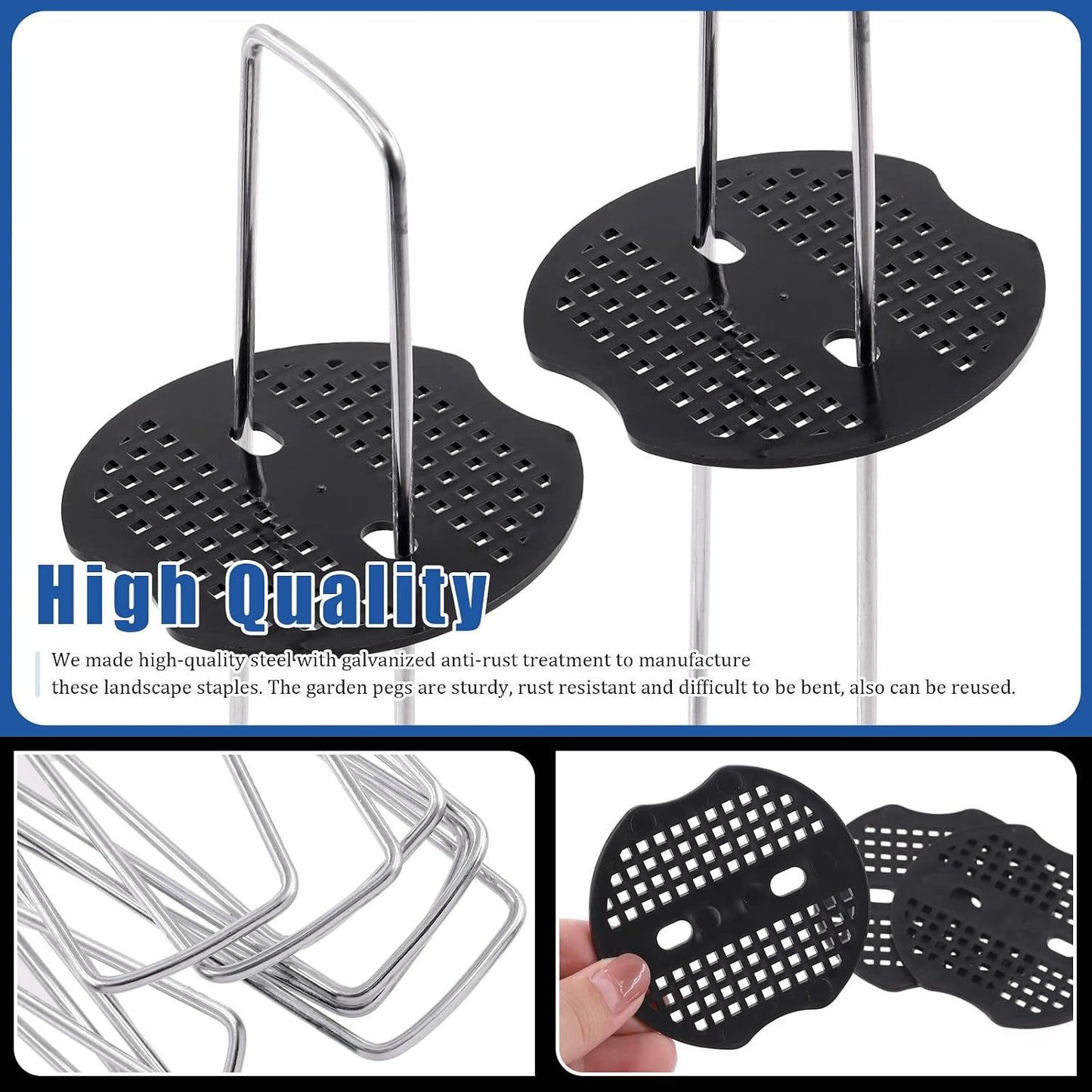 201Pcs Garden Stakes Staples Kit, 100Pcs 6 Inch U-Shaped Landscape Staples, 100Pcs Fixing Gasket with 1Pc Pick Hook for Weed Barrier Fabric, Ground Cover, Holding Fence and Artificial Turf