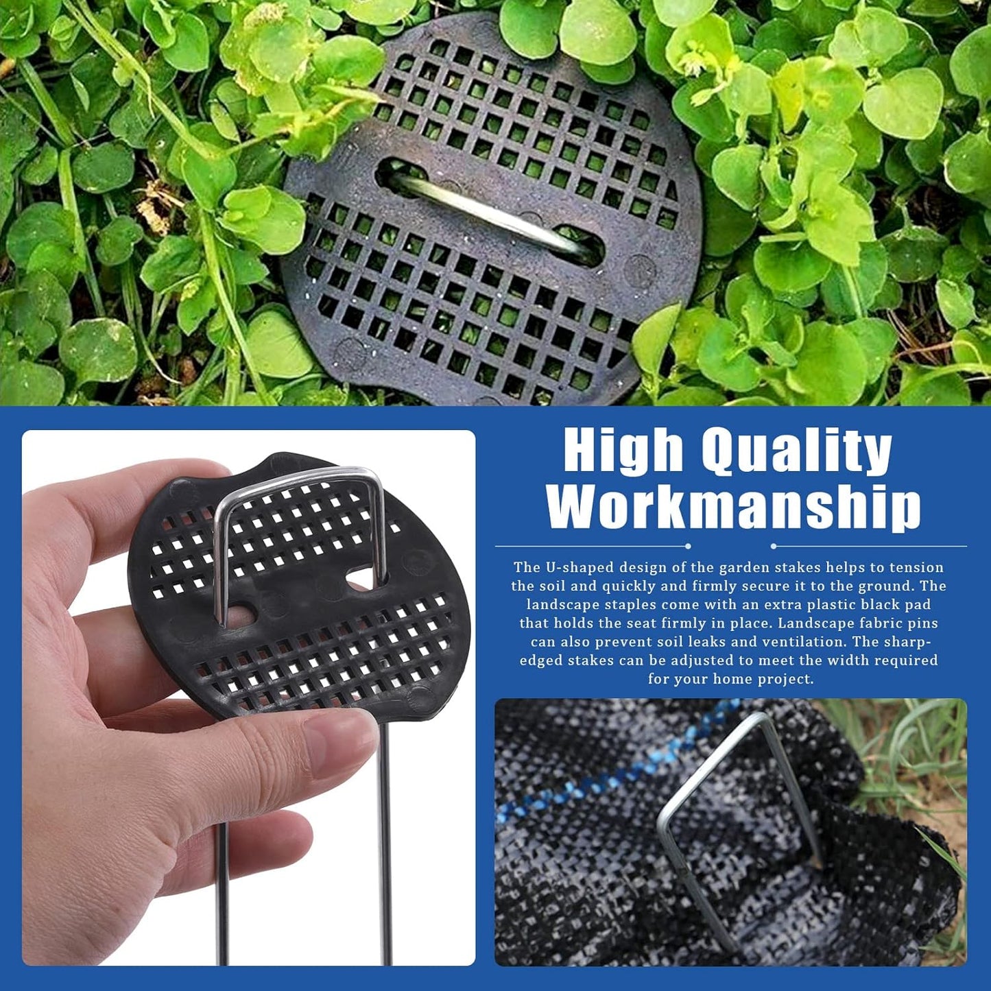 201Pcs Garden Stakes Staples Kit, 100Pcs 6 Inch U-Shaped Landscape Staples, 100Pcs Fixing Gasket with 1Pc Pick Hook for Weed Barrier Fabric, Ground Cover, Holding Fence and Artificial Turf
