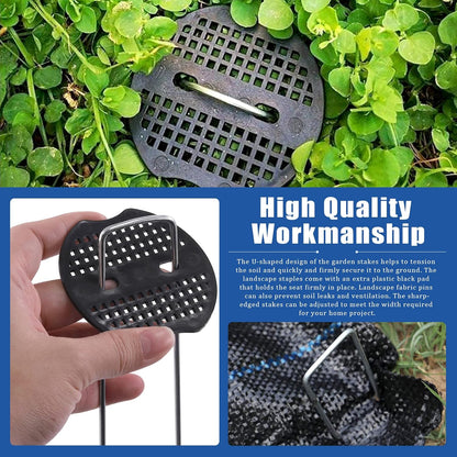 201Pcs Garden Stakes Staples Kit, 100Pcs 6 Inch U-Shaped Landscape Staples, 100Pcs Fixing Gasket with 1Pc Pick Hook for Weed Barrier Fabric, Ground Cover, Holding Fence and Artificial Turf