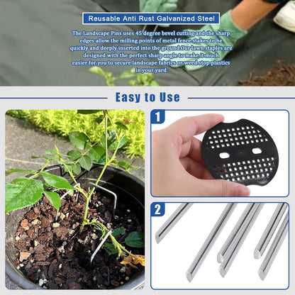 201Pcs Garden Stakes Staples Kit, 100Pcs 6 Inch U-Shaped Landscape Staples, 100Pcs Fixing Gasket with 1Pc Pick Hook for Weed Barrier Fabric, Ground Cover, Holding Fence and Artificial Turf