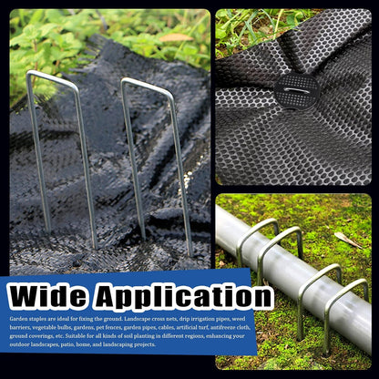 201Pcs Garden Stakes Staples Kit, 100Pcs 6 Inch U-Shaped Landscape Staples, 100Pcs Fixing Gasket with 1Pc Pick Hook for Weed Barrier Fabric, Ground Cover, Holding Fence and Artificial Turf