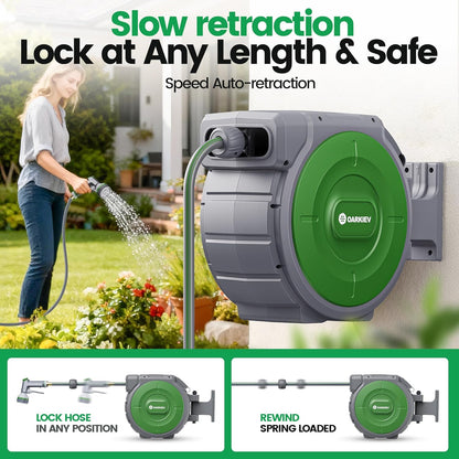 Garden Retractable Hose Reel, 5/8 in x 50 ft Wall Mounted Garden Hose Reel with Any Length Lock, Upgraded Slow Return System and 180°Swivel Bracket