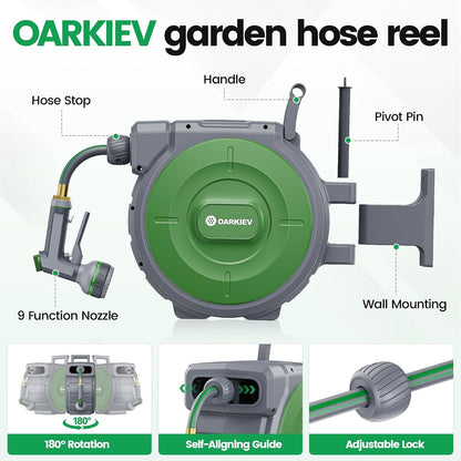 Garden Retractable Hose Reel, 5/8 in x 50 ft Wall Mounted Garden Hose Reel with Any Length Lock, Upgraded Slow Return System and 180°Swivel Bracket