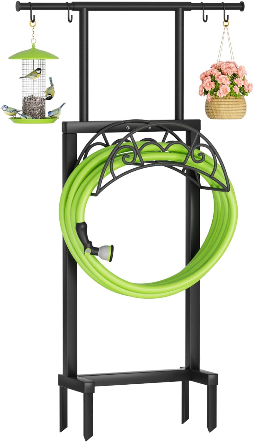 Garden Hose Holder with Telescopic Pole, Upgraded Heavy Duty Hose Stand Holds 150ft with 4 Spikes, Freestanding Metal Hose Storage and Hanger for Outside Yard Lawn Farm, Black