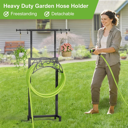 Garden Hose Holder with Telescopic Pole, Upgraded Heavy Duty Hose Stand Holds 150ft with 4 Spikes, Freestanding Metal Hose Storage and Hanger for Outside Yard Lawn Farm, Black