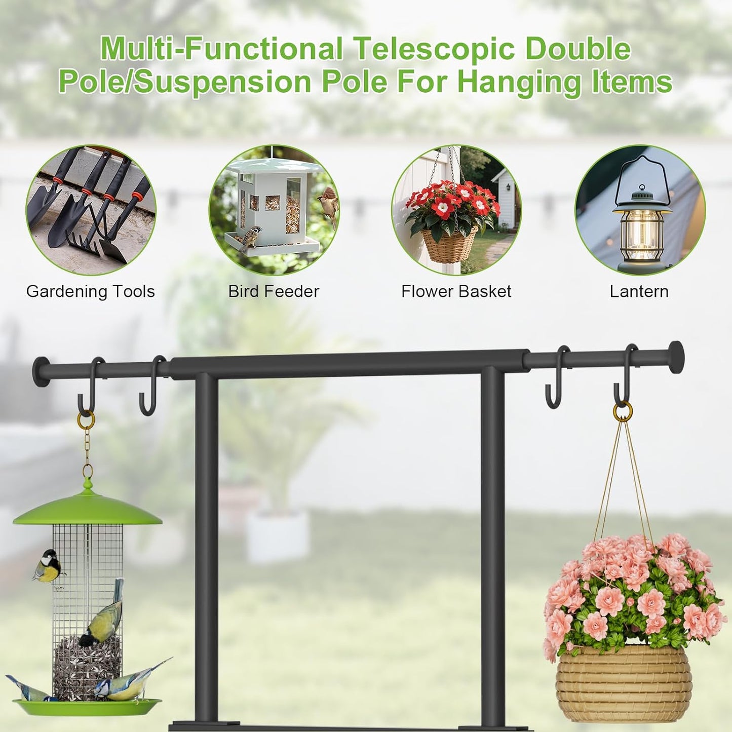 Garden Hose Holder with Telescopic Pole, Upgraded Heavy Duty Hose Stand Holds 150ft with 4 Spikes, Freestanding Metal Hose Storage and Hanger for Outside Yard Lawn Farm, Black