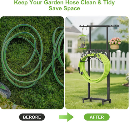 Garden Hose Holder with Telescopic Pole, Upgraded Heavy Duty Hose Stand Holds 150ft with 4 Spikes, Freestanding Metal Hose Storage and Hanger for Outside Yard Lawn Farm, Black