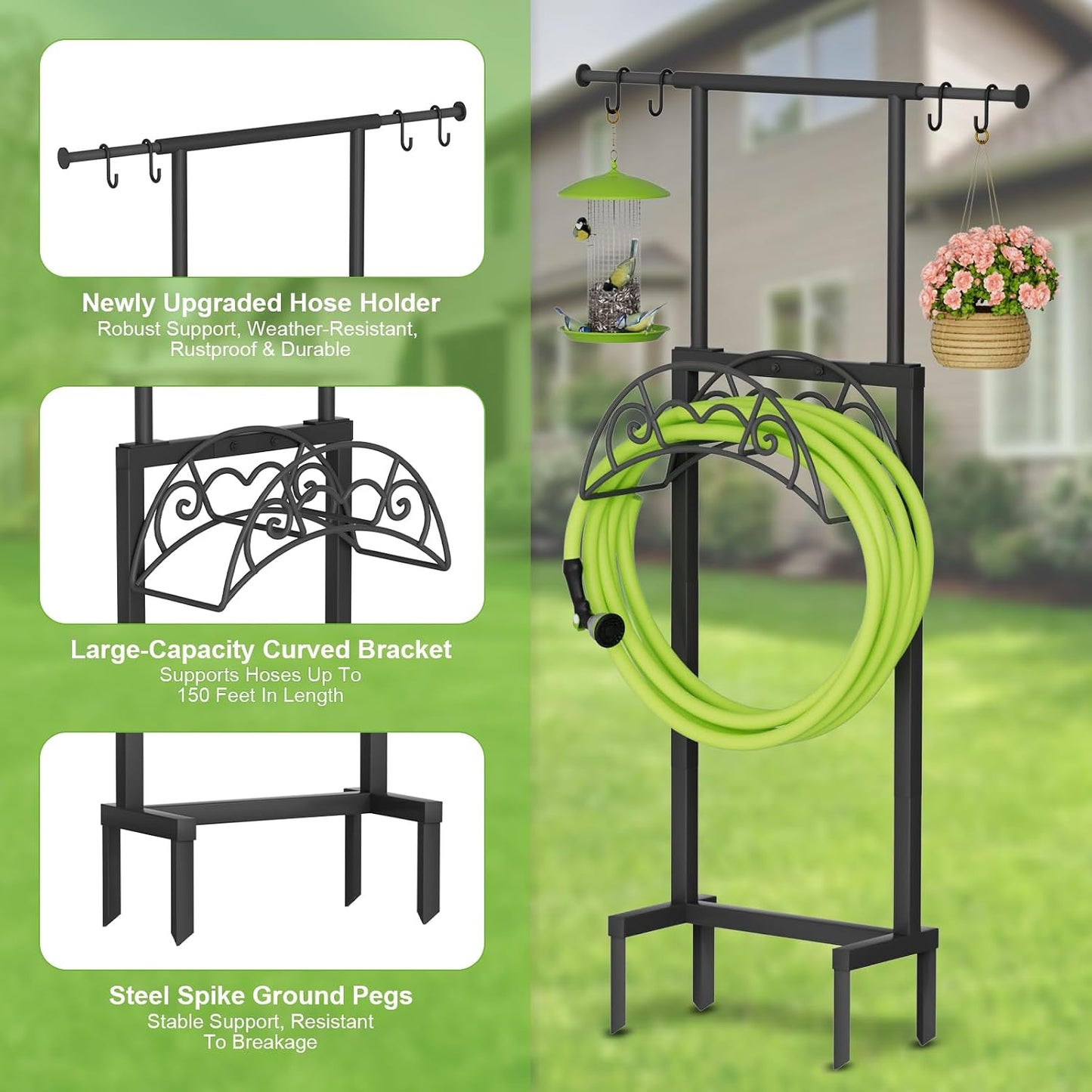 Garden Hose Holder with Telescopic Pole, Upgraded Heavy Duty Hose Stand Holds 150ft with 4 Spikes, Freestanding Metal Hose Storage and Hanger for Outside Yard Lawn Farm, Black