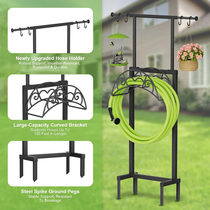 Garden Hose Holder with Telescopic Pole, Upgraded Heavy Duty Hose Stand Holds 150ft with 4 Spikes, Freestanding Metal Hose Storage and Hanger for Outside Yard Lawn Farm, Black