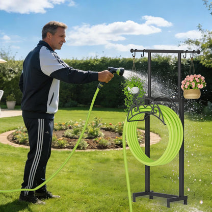 Garden Hose Holder with Telescopic Pole, Upgraded Heavy Duty Hose Stand Holds 150ft with 4 Spikes, Freestanding Metal Hose Storage and Hanger for Outside Yard Lawn Farm, Black