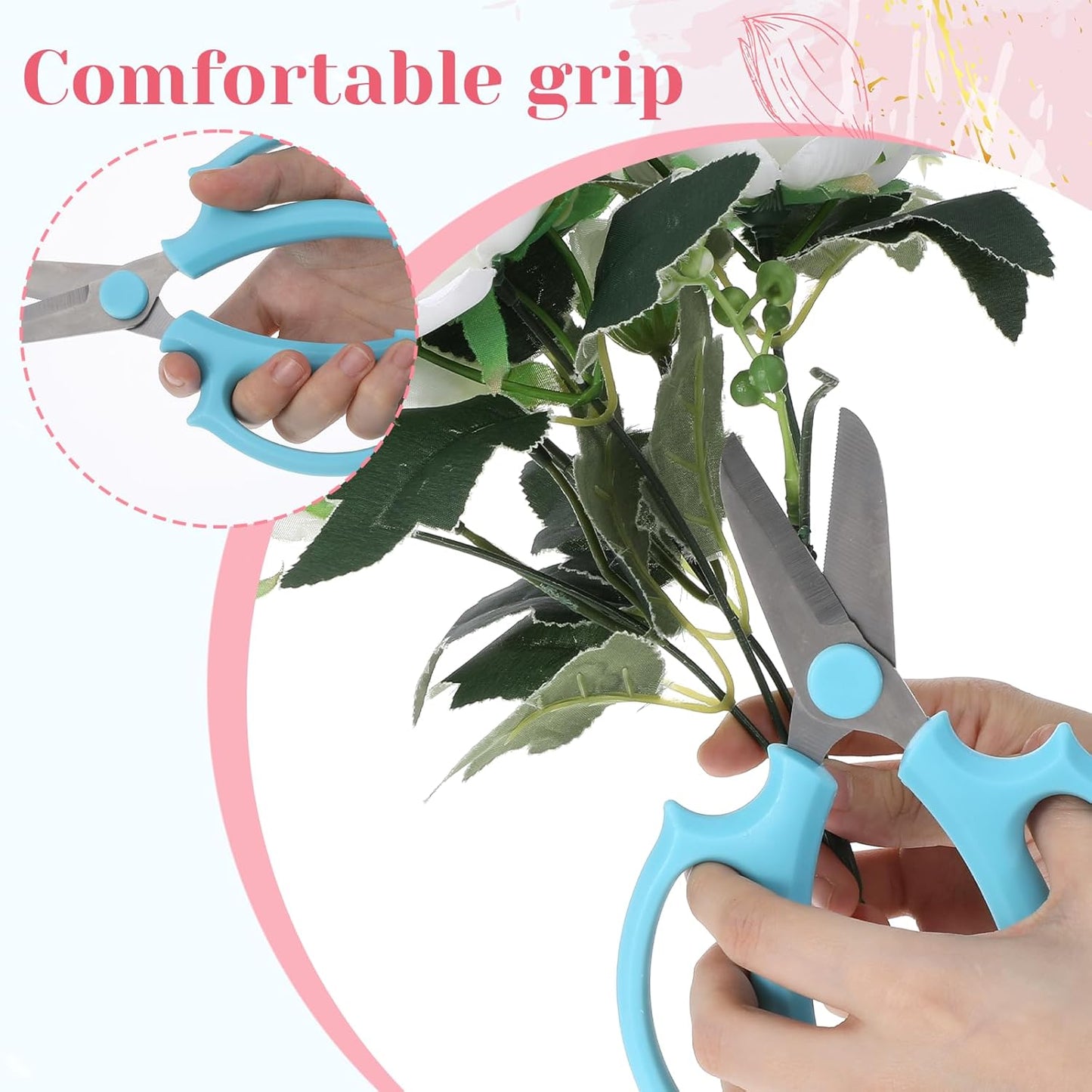 2 Pack Garden Floral Scissors, 6.5" Stainless Steel Flower Pruning Shears, Professional Florist Scissors for Stems, Arranging, Flower Bar Supplies and Plant Trimming (Blue, Pink)