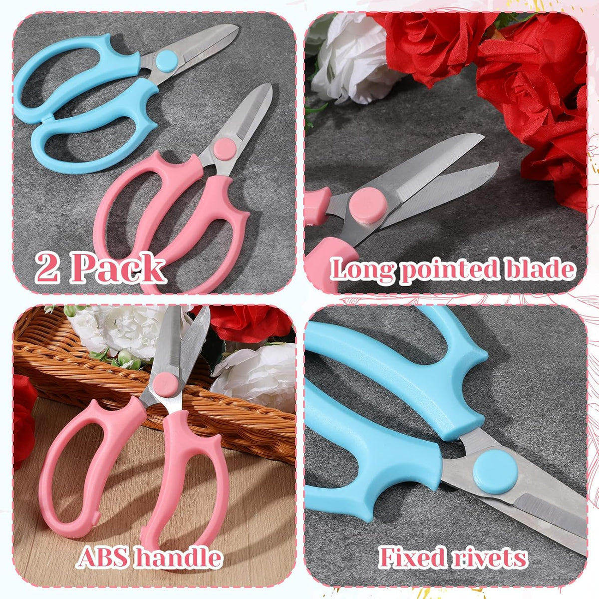 2 Pack Garden Floral Scissors, 6.5" Stainless Steel Flower Pruning Shears, Professional Florist Scissors for Stems, Arranging, Flower Bar Supplies and Plant Trimming (Blue, Pink)