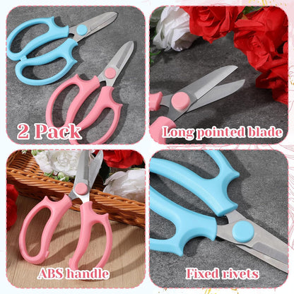 2 Pack Garden Floral Scissors, 6.5" Stainless Steel Flower Pruning Shears, Professional Florist Scissors for Stems, Arranging, Flower Bar Supplies and Plant Trimming (Blue, Pink)