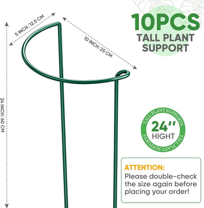 10 Pack 24" H x 10" W Tall Plant Support Stakes, Half Round Metal Peony Cages and Supports, Monstera Plant Support Snake Plant Stake Flower Support Ring for Tomato, Hydrangea Outdoor Indoor