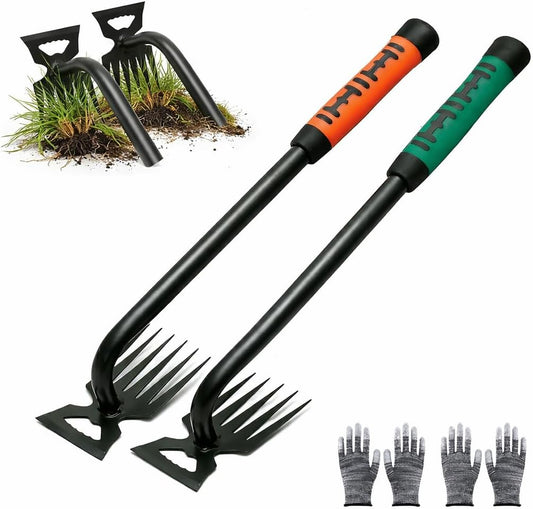 2 Pack Weeding Tools, 6-Tooth Manganese Steel Manual Weeder & Digging Tool with Ergonomic Rubber Grip, Multi-Functional Gardening Hand Tools for Removing Dandelions, Thistles & Yard Weeds