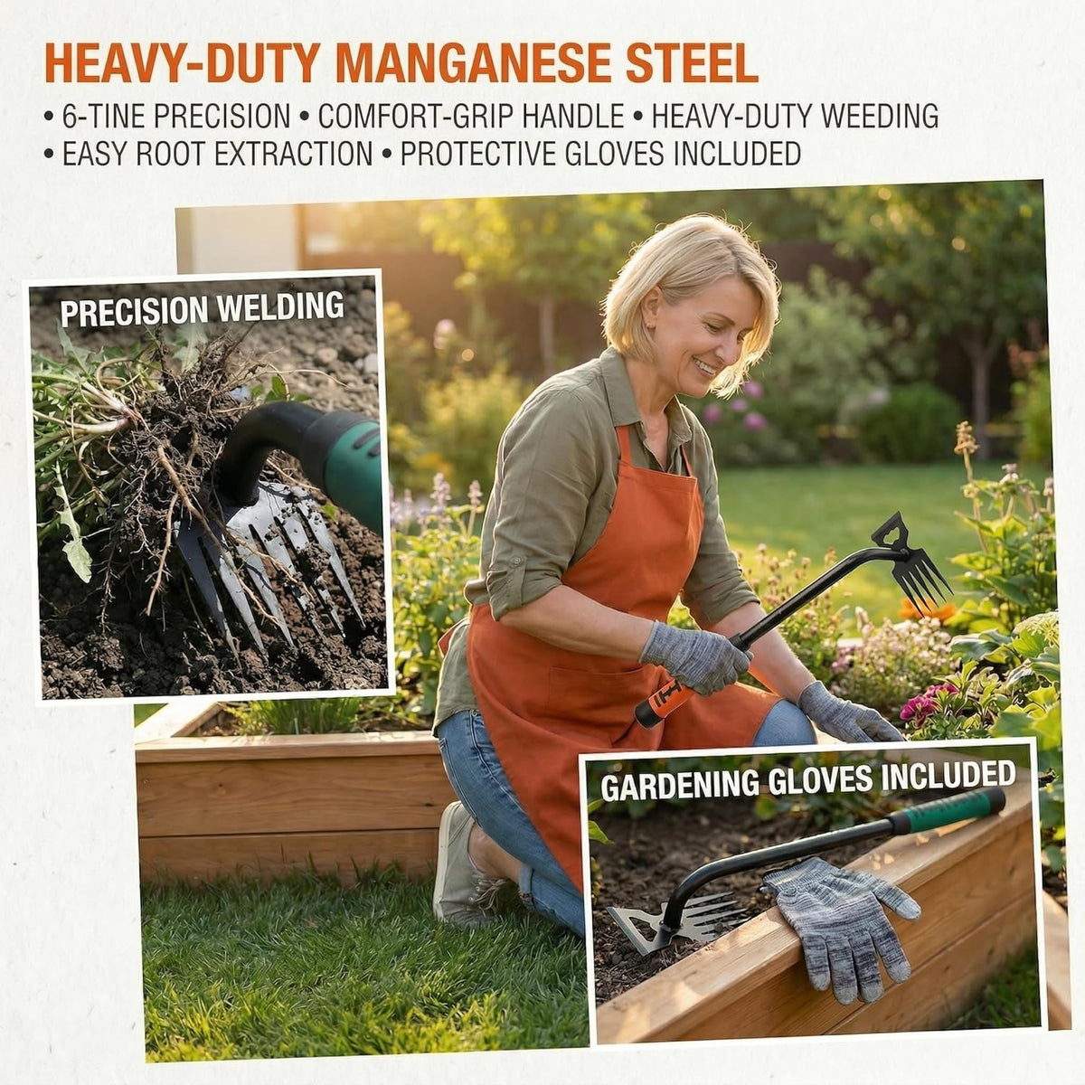 2 Pack Weeding Tools, 6-Tooth Manganese Steel Manual Weeder & Digging Tool with Ergonomic Rubber Grip, Multi-Functional Gardening Hand Tools for Removing Dandelions, Thistles & Yard Weeds