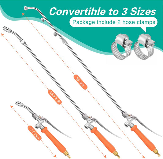 Metal Pump Sprayer Wand with 3 Types of Nozzles, Fan Nozzle Replacement Sprayer Wand, Stainless Steel Sprayer Wand Replacement with 1/4" & 3/8" Brass Barb and 2 Hose Clamps