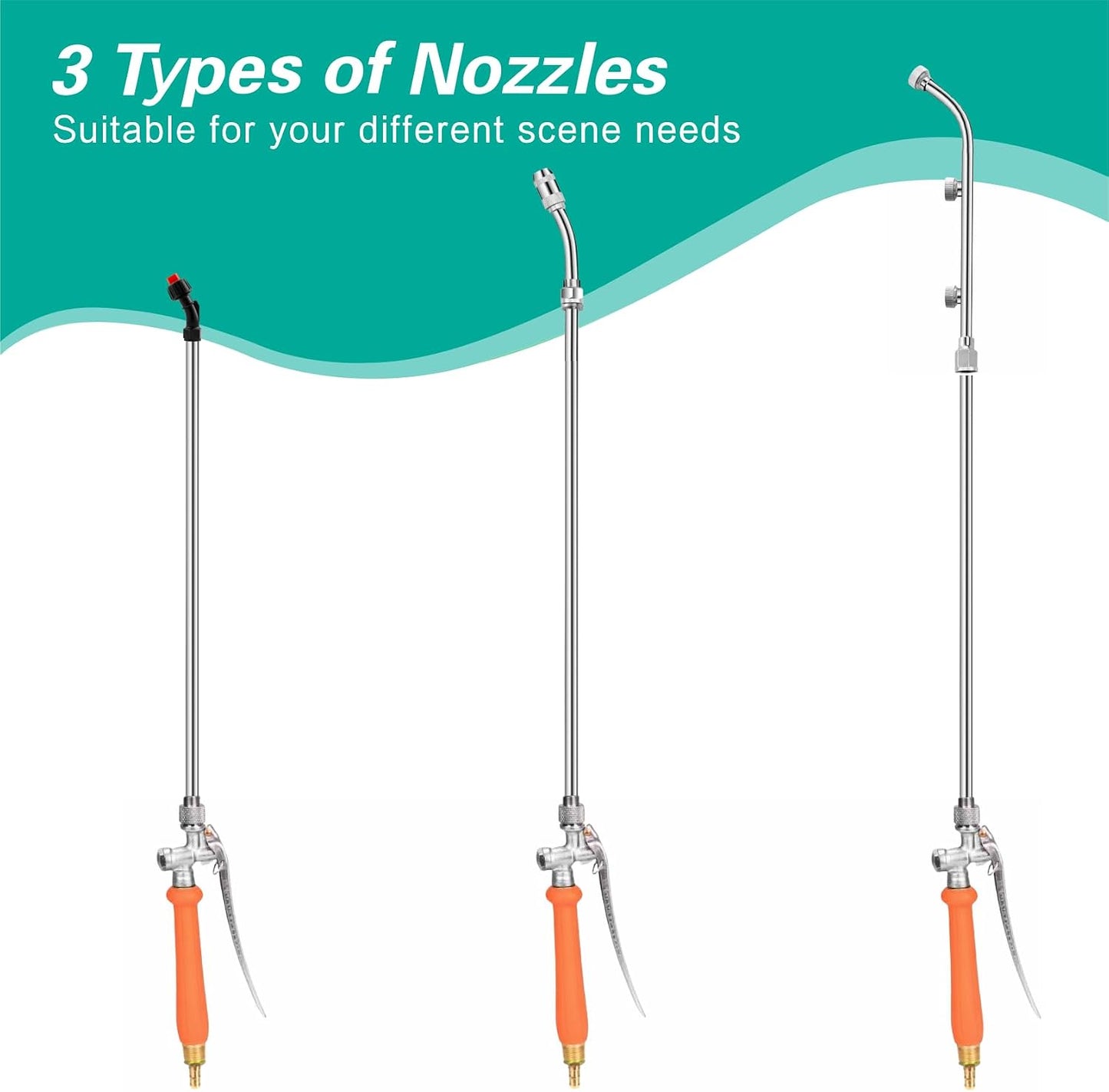 Metal Pump Sprayer Wand with 3 Types of Nozzles, Fan Nozzle Replacement Sprayer Wand, Stainless Steel Sprayer Wand Replacement with 1/4" & 3/8" Brass Barb and 2 Hose Clamps