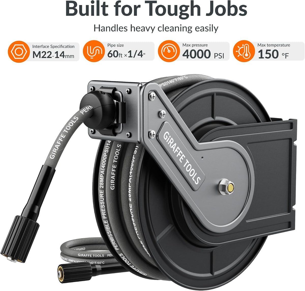 Pressure Washer Hose Reel with Replaceable 60FT Pressure Hose