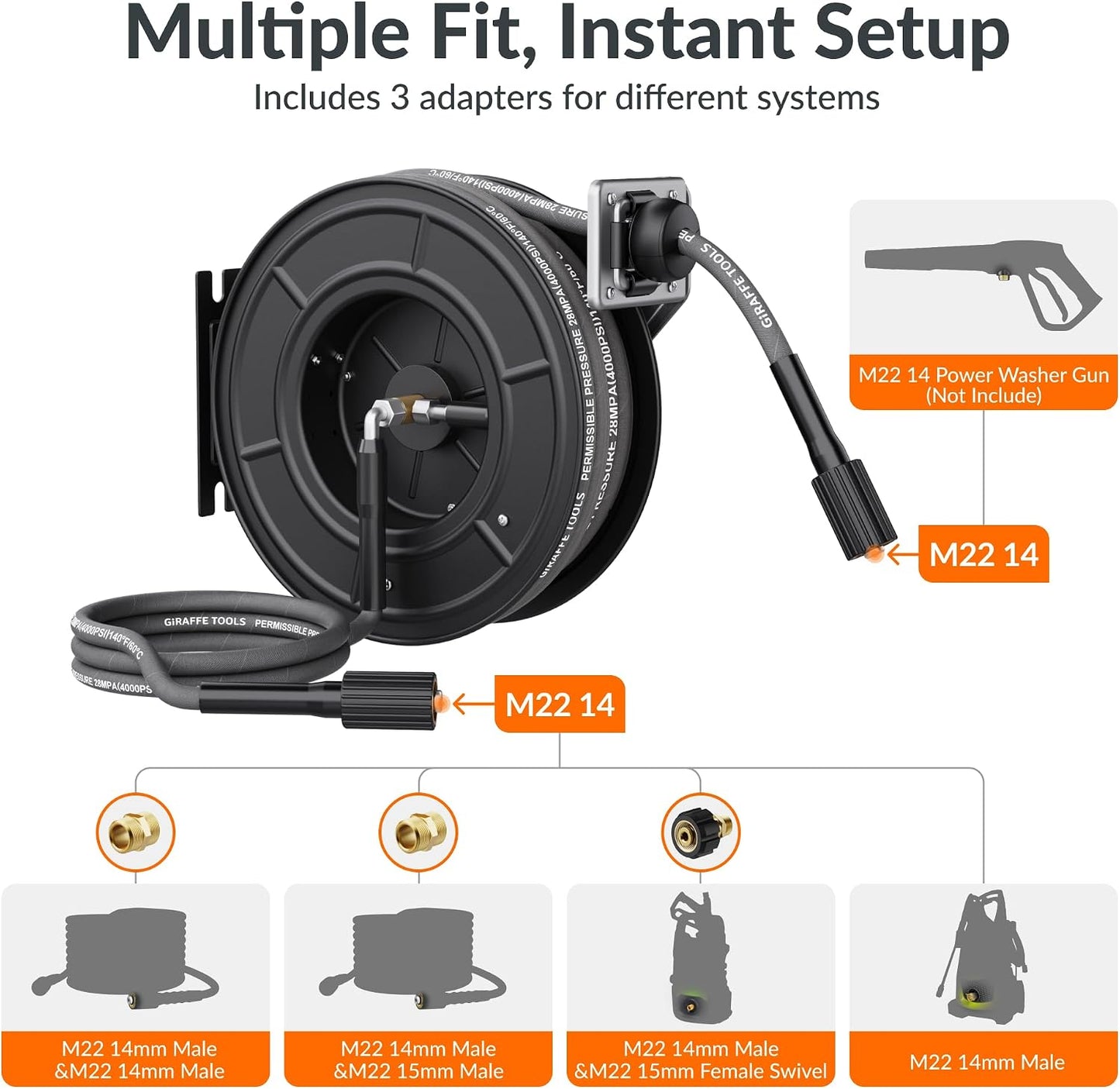 Pressure Washer Hose Reel with Replaceable 60FT Pressure Hose