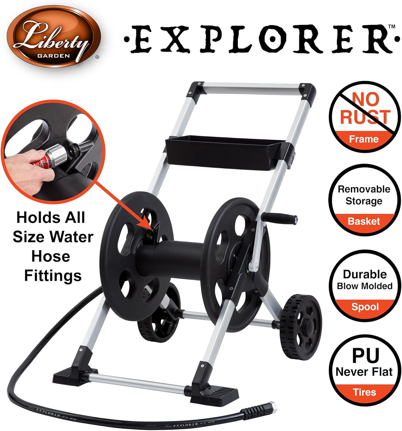 Liberty Garden 304 Explorer Two Wheel Hose Reel Cart, Aluminum, Holds 250-feet of 5/8" Hose, Silver/Black