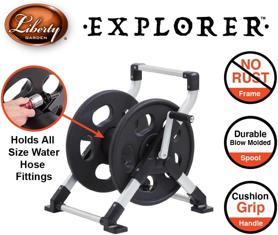 Liberty Garden 304 Explorer Two Wheel Hose Reel Cart, Aluminum, Holds 250-feet of 5/8" Hose, Silver/Black