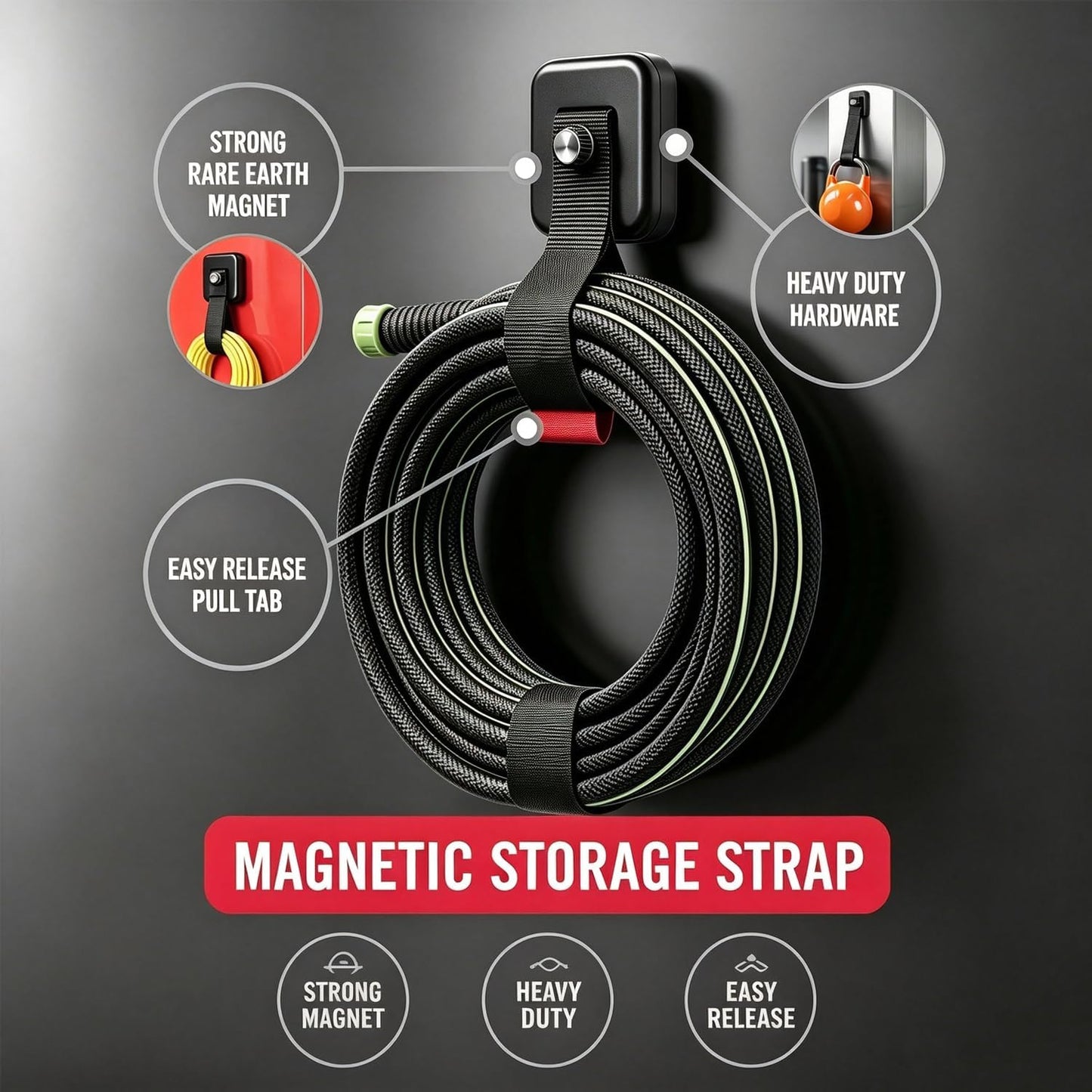 4 Pack Magnetic Hooks with Straps for Hanging Tools and Cords