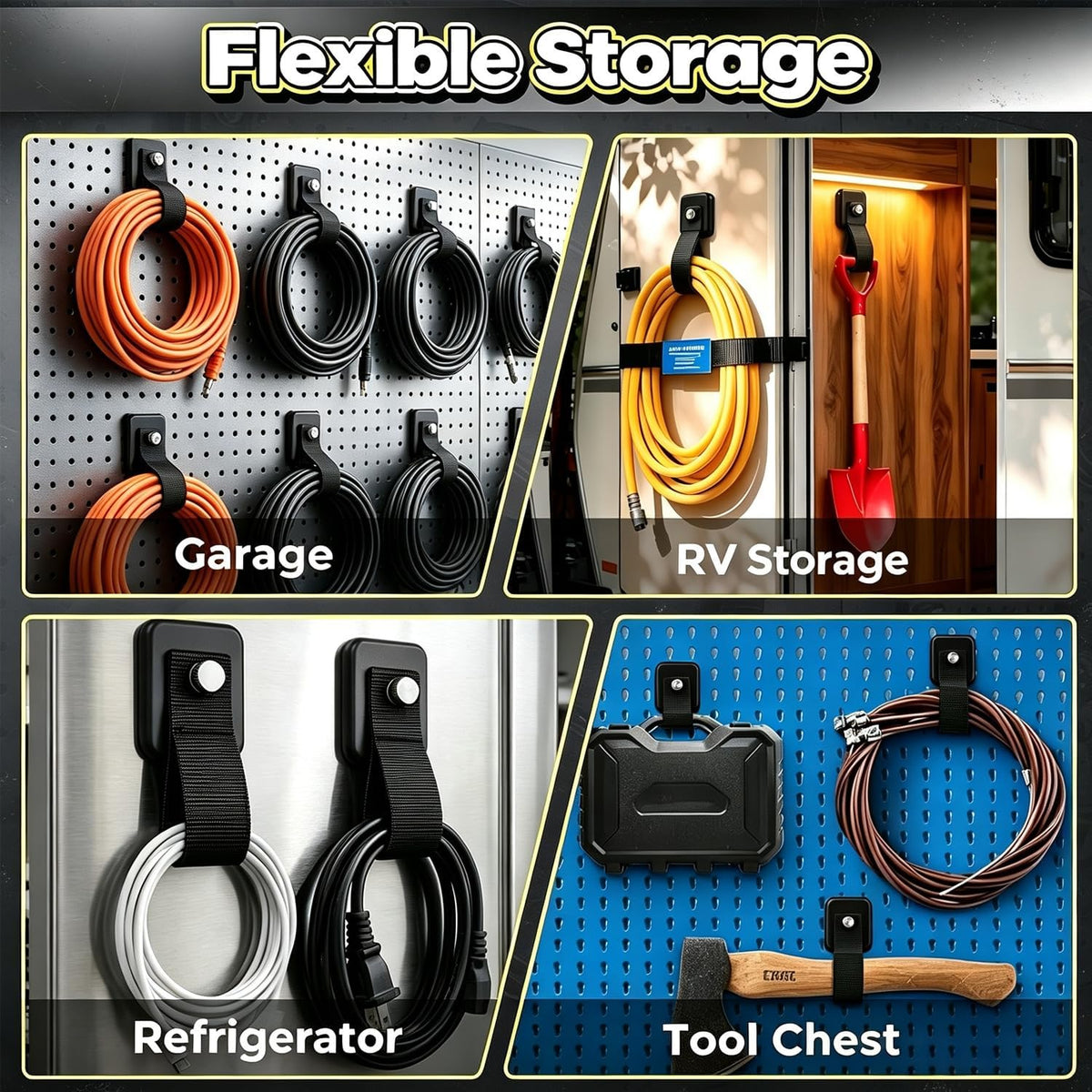 4 Pack Magnetic Hooks with Straps for Hanging Tools and Cords