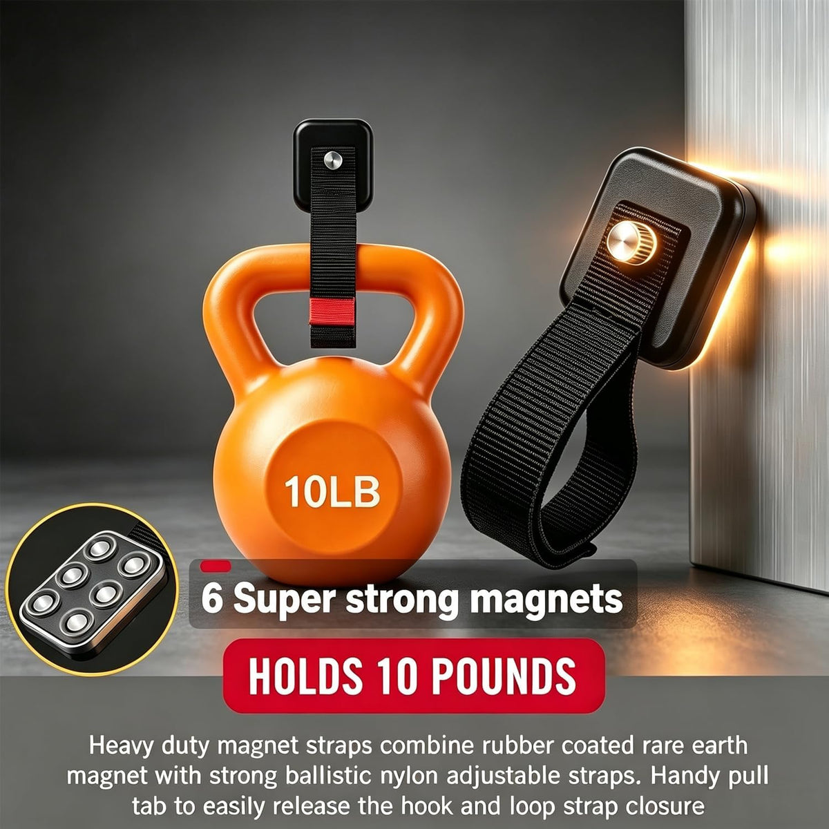 4 Pack Magnetic Hooks with Straps for Hanging Tools and Cords