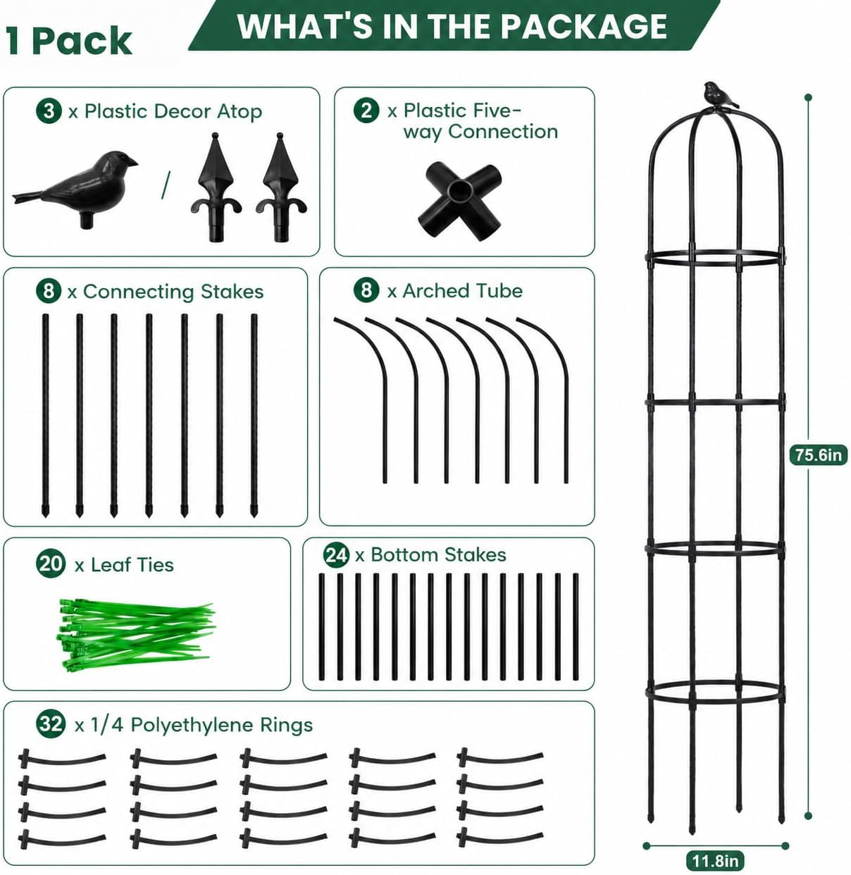 Garden Obelisk Trellis for Climbing Plants,6.3 ft, Black, 2PC
