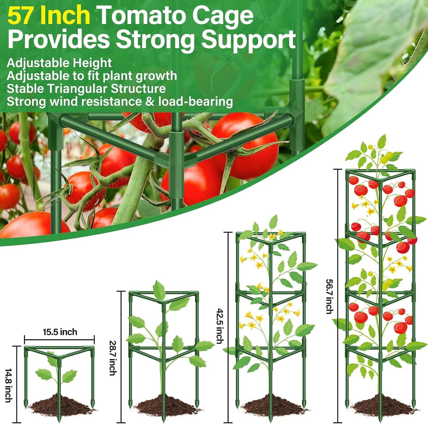 2 Pack 57 Inch Tomato Cage for Garden, Heavy-Duty Tomato Trellis Plant Support Stakes, Adjustable Garden Trellis Plant Cage for Climbing Plants Peppers Outdoor Raised Garden Bed and Vegetables