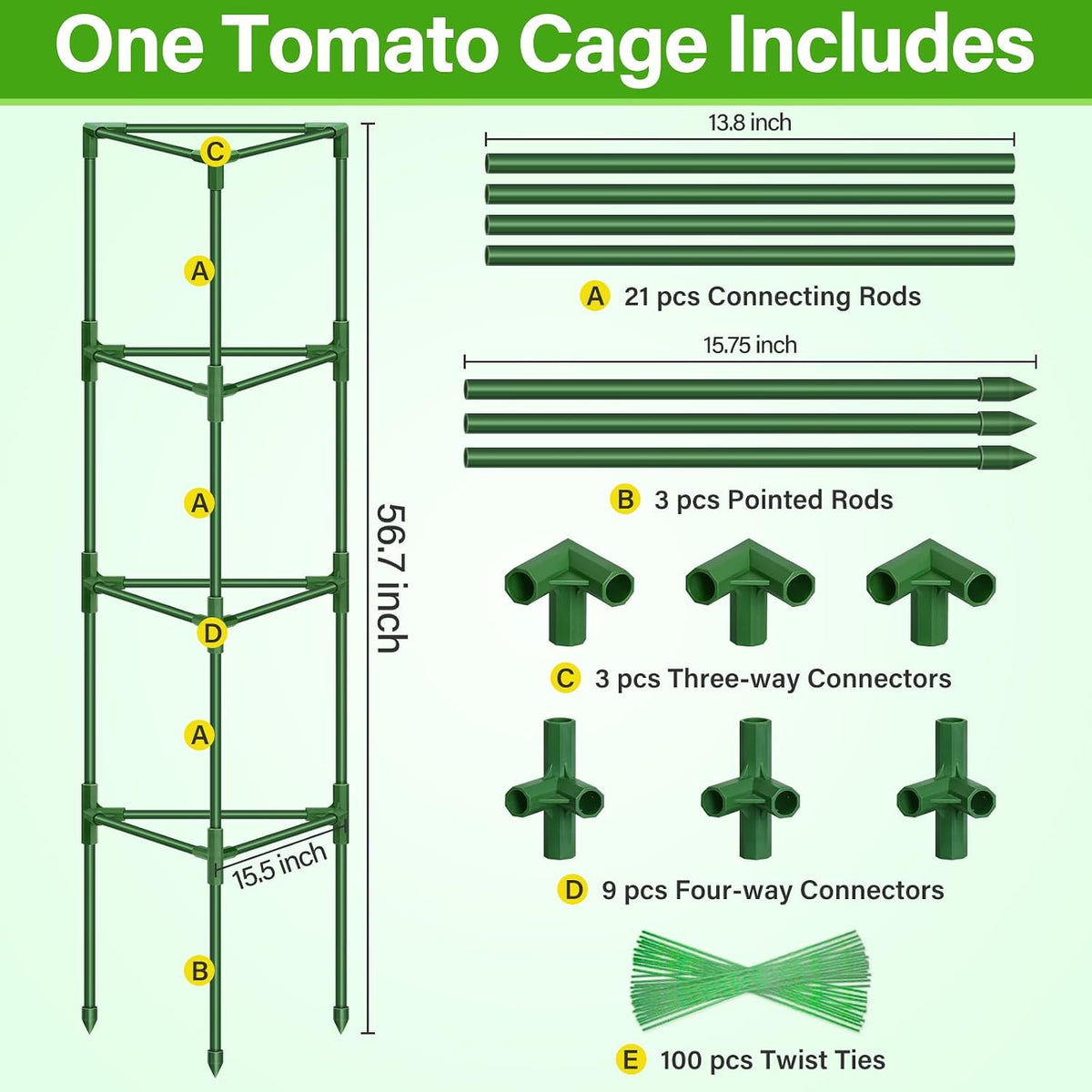 2 Pack 57 Inch Tomato Cage for Garden, Heavy-Duty Tomato Trellis Plant Support Stakes, Adjustable Garden Trellis Plant Cage for Climbing Plants Peppers Outdoor Raised Garden Bed and Vegetables