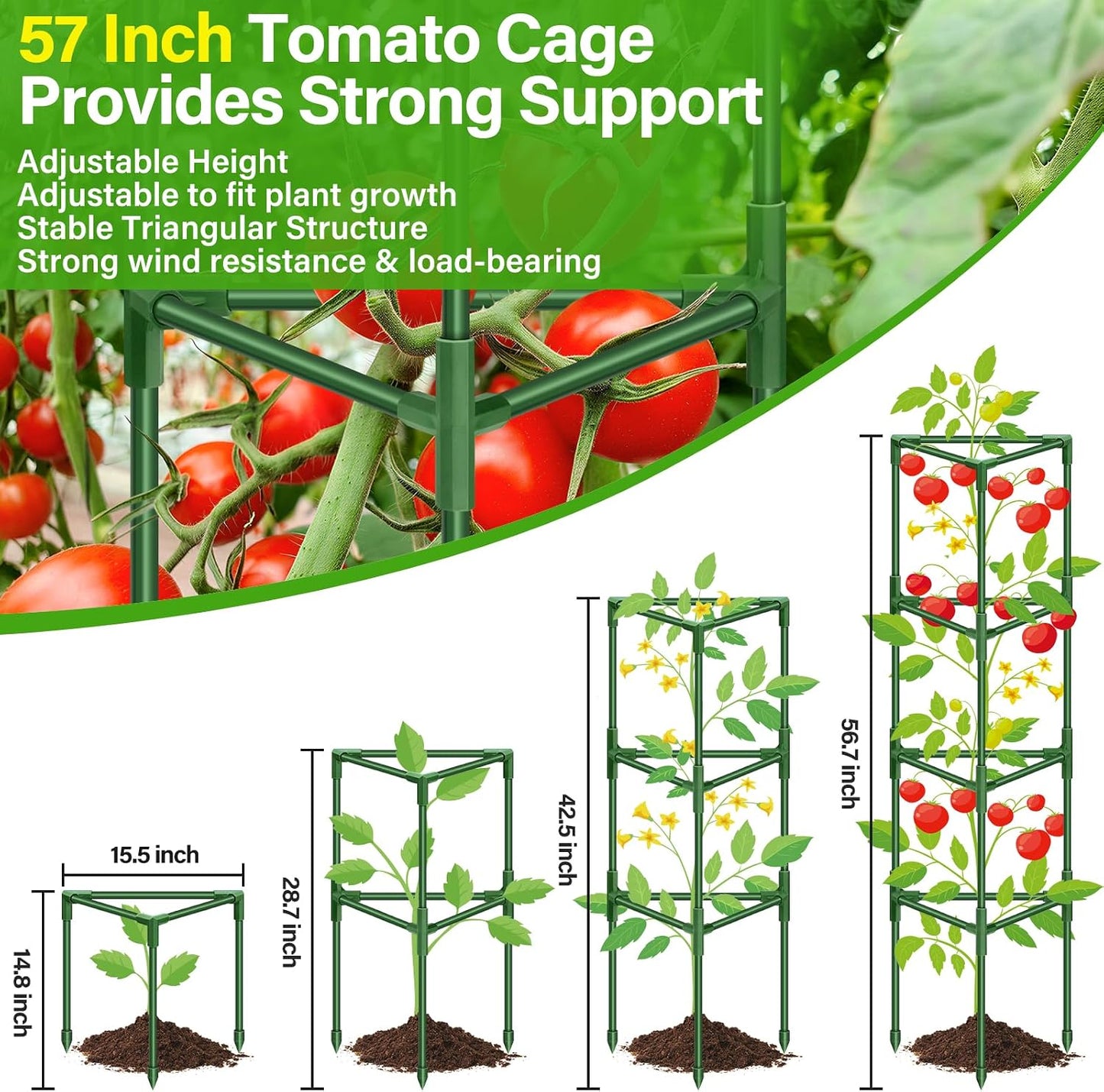 2 Pack 57 Inch Tomato Cage for Garden, Heavy-Duty Tomato Trellis Plant Support Stakes, Adjustable Garden Trellis Plant Cage for Climbing Plants Peppers Outdoor Raised Garden Bed and Vegetables