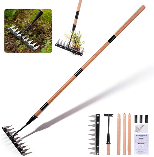 Gardenia 9-Tine Iron Weeding Rake, Heavy Duty Weed Puller for Garden Soil