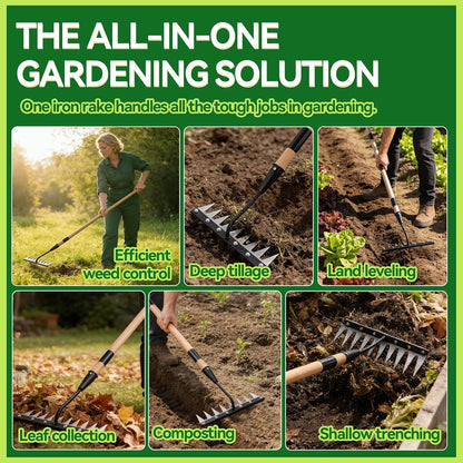 Gardenia 9-Tine Iron Weeding Rake, Heavy Duty Weed Puller for Garden Soil