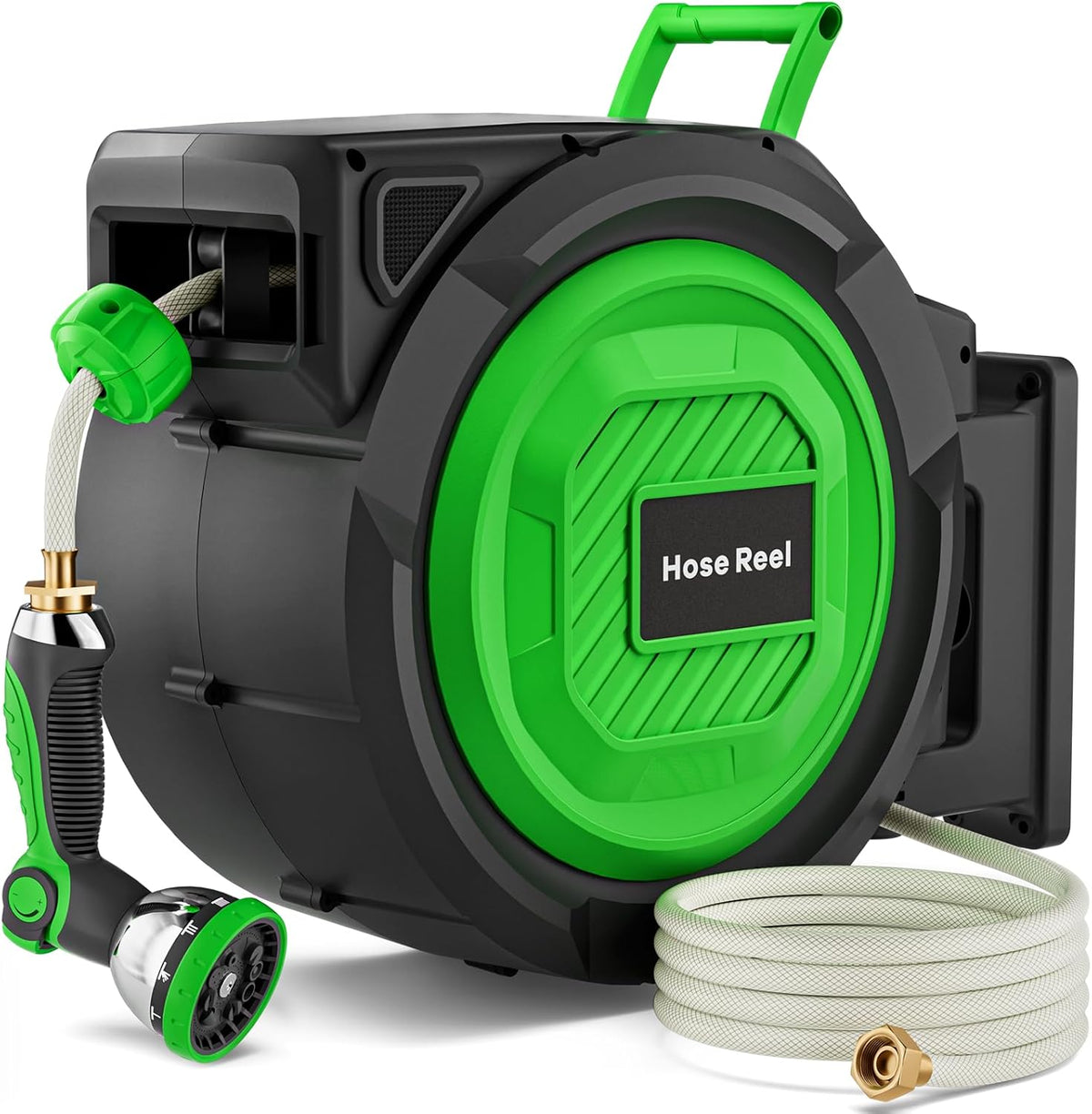 Retractable Garden Hose Reel, 1/2 in x 100 ft Automatic Slow Rewind System & Any Length Lock, Heavy Duty Wall-Mounted Hose Reel with 180° Swivel Bracket,10-Pattern Nozzle for outside Watering,Cleaning