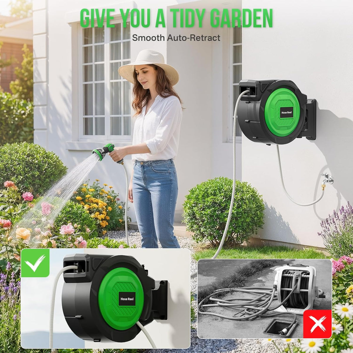 Retractable Garden Hose Reel, 1/2 in x 100 ft Automatic Slow Rewind System & Any Length Lock, Heavy Duty Wall-Mounted Hose Reel with 180° Swivel Bracket,10-Pattern Nozzle for outside Watering,Cleaning