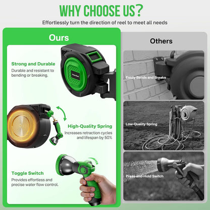 Retractable Garden Hose Reel, 1/2 in x 100 ft Automatic Slow Rewind System & Any Length Lock, Heavy Duty Wall-Mounted Hose Reel with 180° Swivel Bracket,10-Pattern Nozzle for outside Watering,Cleaning