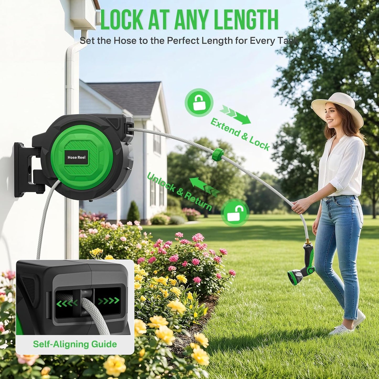 Retractable Garden Hose Reel, 1/2 in x 100 ft Automatic Slow Rewind System & Any Length Lock, Heavy Duty Wall-Mounted Hose Reel with 180° Swivel Bracket,10-Pattern Nozzle for outside Watering,Cleaning