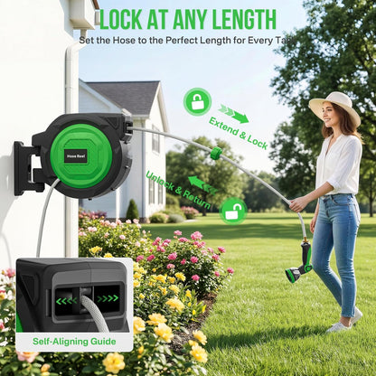 Retractable Garden Hose Reel, 1/2 in x 100 ft Automatic Slow Rewind System & Any Length Lock, Heavy Duty Wall-Mounted Hose Reel with 180° Swivel Bracket,10-Pattern Nozzle for outside Watering,Cleaning