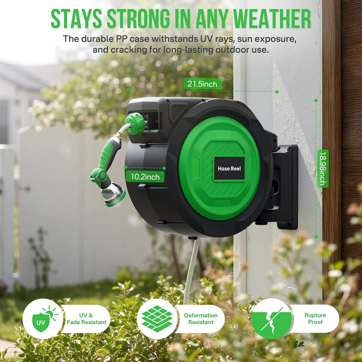Retractable Garden Hose Reel, 1/2 in x 100 ft Automatic Slow Rewind System & Any Length Lock, Heavy Duty Wall-Mounted Hose Reel with 180° Swivel Bracket,10-Pattern Nozzle for outside Watering,Cleaning