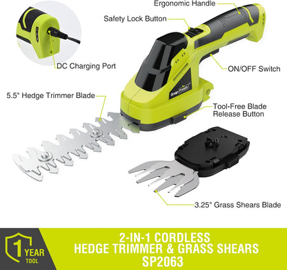 Cordless Grass Shear Bush Trimmer, 2 in 1 Handheld Hedge Trimmer, 7.2V Electric Grass Trimmers, Lightweight Shrubbery Trimmers Battery & Charger Included, Shrub Trimmer for Garden(Green)