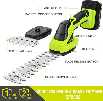 Cordless Grass Shear Bush Trimmer, 2 in 1 Handheld Hedge Trimmer, 7.2V Electric Grass Trimmers, Lightweight Shrubbery Trimmers Battery & Charger Included, Shrub Trimmer for Garden(Green)